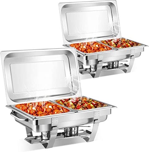 COSTWAY 2 Pack 9L Chafing Dish, Stainless Steel Food Warmers Set with 4 Half Size Pans and Fuel Holders, Rectangular Caterings Parties Buffet Server Warming Tray (Silver)