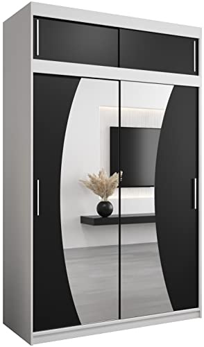 MEBLE KRYSPOL Wave 150 Schlafzimmerschrank mit Zwei Schiebetüren, Spiegel, Kleiderstange und Regalen – 150x240x62cm - Mattweiß + Mattschwarz mit Verlängerung