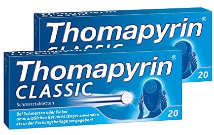 Thomapyrin Classic Schmerztabletten bei akuten Kopfschmerzen | Vorteilspack 2 x 20 Stk | Bewährte 3-fach Kombination aus ASS, Paracetamol und dem Wirkbeschleuniger Coffein | Wirkt nach ca. 14 Min