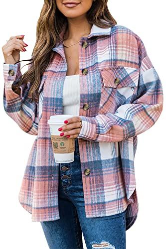 Jhsnjnr Camicie da donna in flanella a quadri oversize a maniche lunghe scozzese con bottoni giacche shacket