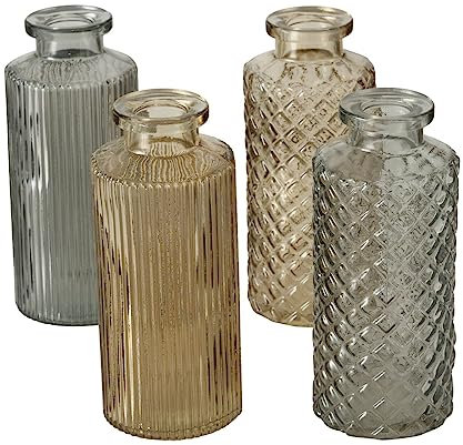 ReWu Blumenvase im 4er Set aus Glas in Flaschenform mit Relief Veredelung Dekovase Blumenvase für Ihren Wohnraum - Grau
