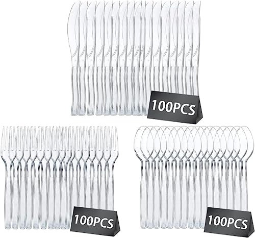 MORE FREE Cubiertos de Plástico Reciclable de Alta Resistencia Juego de Cartón Reutilizable Cucharas Cuchillos Tenedores Vasos Platos Pajitas para Fiestas Buffets Bodas (100 PCS, Cubiertos)