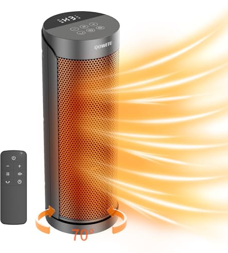 Portable Space Heater for Indoor Use with Remote - QOWETU 70° Oscillating Electric Heater, 17 Inchs, 12H Timer, 1500W Quiet PTC Ceramic Heating with Thermostat, Fast Safety Heat for Home, Bedroom