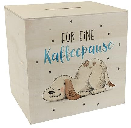 Relaxter Hund Spardose aus Holz mit Spruch Für eine Kaffeepause EIN buntes Sparschwein für Hundebesitzer Motiv süß Sparbüchse Frauen Entspannung Arbeitsplatz entspannt Haustier