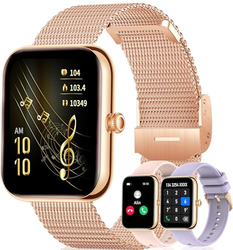 HXQHSTBG Smartwatch Damen, 1.85 Sportuhr Herren mit Telefonfunktion, Fitness-Tracker mit Herzfrequenzmonitor und Schlafmonitor, Smart Watch mit iOS und Android, Wasserdicht Nach IP67,Roségold