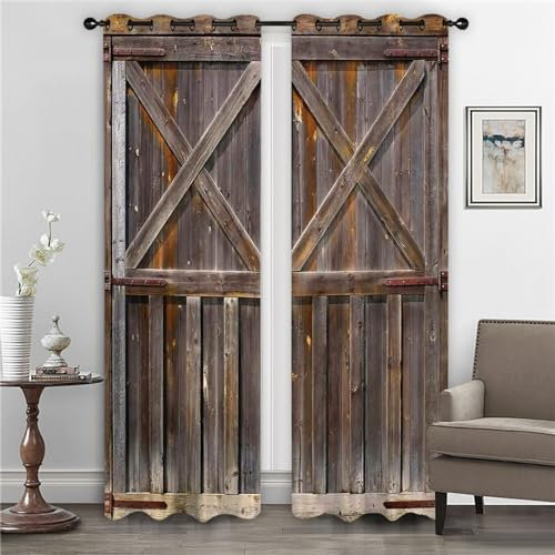 GELOUT Vorhang Blickdicht Mit Ösen 3D Curtain Scheunentür Aus Holz 214cm lang 180cm Breite Verdunkelungsvorhang 2Er Set Gardine Polyester Für Schlafzimmer Wohnzimmer Dekoration