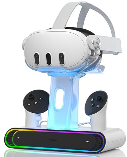 ZYBER Stazione di ricarica RGB per Meta Quest 3 accessori, stazione di ricarica rapida con 2 batterie ricaricabili per Oculus Quest 3, supporto per cuffie VR e controller