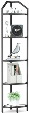 Eckregal mit 5 Ebenen, schwarzes Eck-Bücherregal, Badezimmer-Aufbewahrungsregal, Pflanzenregal, gehärtetes Glas, Stahlrahmen, moderner Stil für Wohnzimmer, Badezimmer, Küche, Metallic-Schwarz