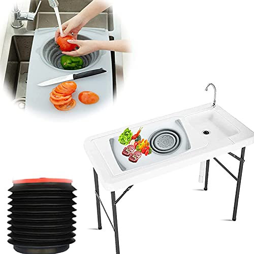 ZZBFHH Tragbarer klappbarer Camping-Spültisch mit Wasserhahn, weiß, klappbares Schneidebrett, Faltbarer Eimer, Camping-Picknick-Gartentisch
