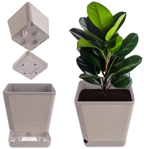 KADAX Vaso decorativo in plastica, vaso rettangolare con sistema di irrigazione, vaso da fiori con auto-irrigazione e serbatoio dell'acqua (beige, 24 cm), K9881