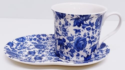 Rainbow Decors Delft Blue TV Tray Fine China Mug 250 ml 8 fl oz and Tray Set Blue Flowers Floral Hand Decorated UK
