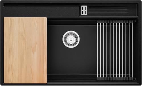 PRIMAGRAN Fregadero Cocina Negro 88x53cm, Granito 1 Seno + Sifón + Accesorios, Sobre encimera al mueble 90cm - Oslo Pocket