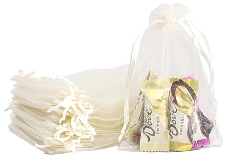 Bolsas de regalo, 100 bolsas de joyería de boda, bolsas de malla transparente perfectas para bodas, Navidad, cumpleaños, aniversario (blanco hielo, 7 x 9)