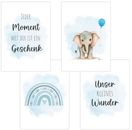 4er Set Baby DIN A3 Bilder mit Elefant, Regenbogen und Sprüchen, Poster mit Tiermotiv für Babyzimmer, 200g/m² Papier, Kinderzimmer Wanddeko, für Bilderrahmen, Dekoration für Jungen & Mädchen, Hellblau