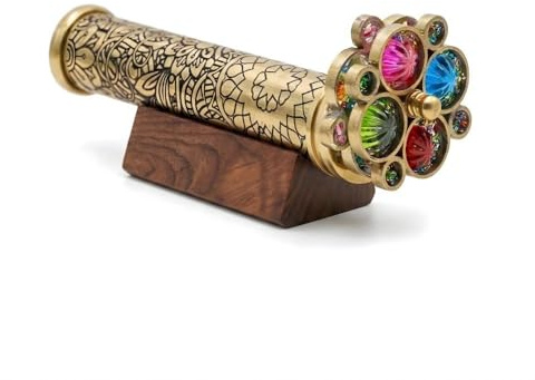 Handcrafted Etched Floral Pattern Lacquered Brass Kaleidoscope Includes Two Separate Turning Wheels-A Unique Gift to My Son, Grandson, Daughter. (6.5x1)