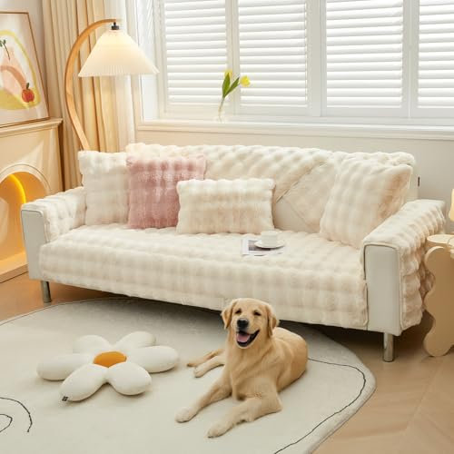 Royhom Plüsch Sofa Überzug L Form 1/2/3/4 Sitzer Couch Überzug Ecksofa, Sofaschoner rutschfest, Superweiche SofaÜberwurf aus Kunstpelz für Sofa, Teppich, Fensterbank Kissen(Creme 90x180cm)