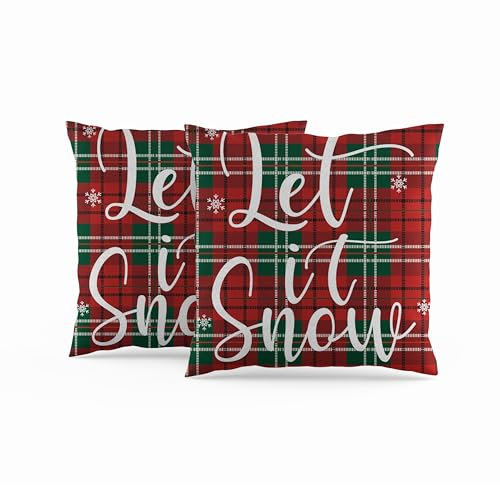 ggaimwf Kissenbezüge für Weihnachten Let It Snow Rot Grün Kissen mit Gingham-Muster Winter Feines Leinenoptik Doppelseitig Bauernhaus Bett Kissen Bezügen Sofa Outdoor 50x50cm 2er-Set