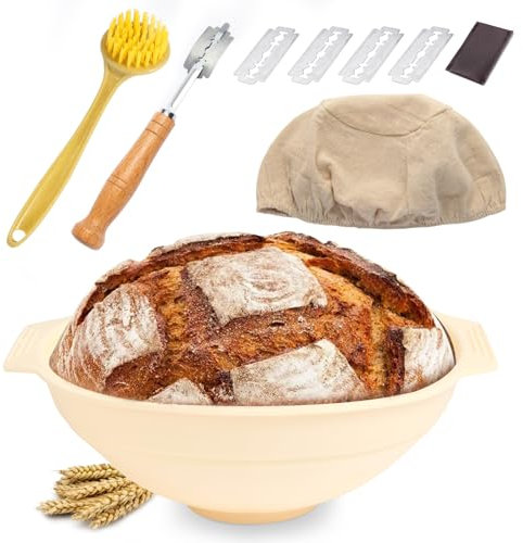 Silicone Banneton Bread Proofing Baskets, 9 Inch Round Bread Proofing Basket Starter Kit, Foldable Baking Basket, Sourdough Starter Jar Set, Baking Bowl for Rising Dough, Bread Mould