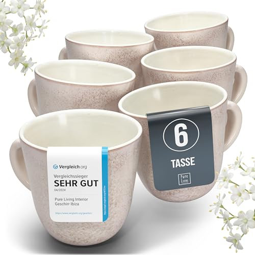 Tasses à Café en Grès 6 Pers. Ibiza - Vaisselle Méditerranéenne - Ensemble de Tasses Élégantes pour Thé et Café - Service de Table pour 6 Personnes - Pure Living Beige et Rose