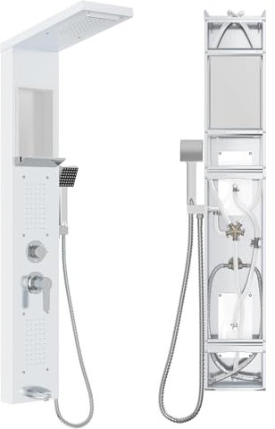 NAIZY Panel de ducha con grifo, sistema de ducha 5 en 1 con estante integrado, juego de ducha multifuncional, incluye ducha de mano, ducha de masaje, ducha de cascada, grifo de ducha de lluvia, juego