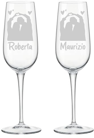 Colorfamily Set di 2 Calici Flute da Champagne Personalizzati con Incisione Nomi Innamorati, Regalo Matrimonio Anniversario per Coppia