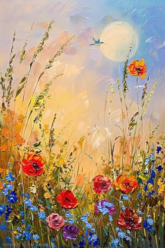 23 vertikale Blumenbilder auf Leinwand, Gemälde mit Blumen und Vögeln als Wandkunst, Kolibri-Wanddekoration, Gartenkunstwerke, Original-Gemälde mit Windblumen in Acryl, „Flieg zur Sonne“, handgem...