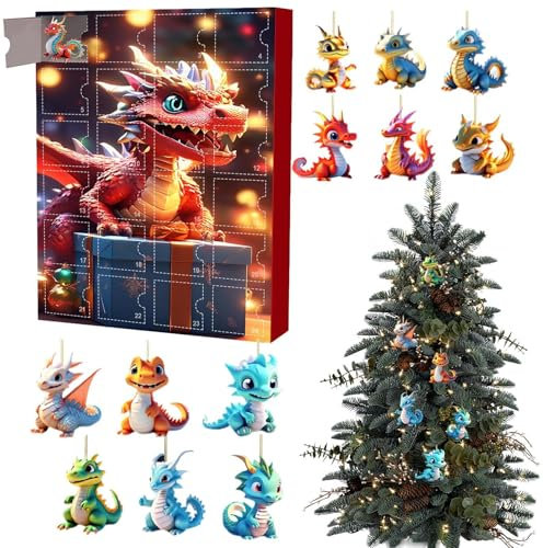 2024 Weihnachts-Countdown-Kalender, Drachen-Weihnachts-Adventskalender inklusive entzückenden 2D-Drachen-Babypuppen & atemberaubendem Weihnachtsanhänger aus der festlichen Drachen-Serie