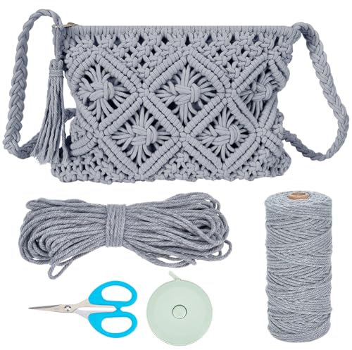 WEBEEDY DIY Makramee Tasche Kit Boho Makramee Umhängetasche Making Kit mit 3mmx142 Yard Baumwollseil und Video-Tutorial,Makramee Geldbörse Kit für Erwachsene Makramee Starter Sommer Strand Dekor(Grau)
