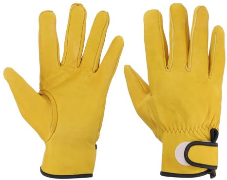sourcing map Goatskin Leather Work Gloves with Hook and Loop, Driver Gloves Garden Glove for Driving, Gardening, Welding, Construction, Yellow, M, Pair of 2