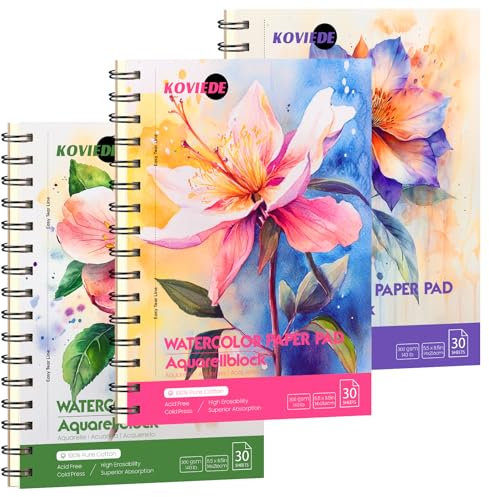 KOVIEDE 100% Baumwolle Aquarellpapier Pad - 3 Pack (90 Blätter) A5 300g/㎡ Cold Press Spiral gebundene Aquarell Skizzenbuch, Künstler Qualität Art Journal Supplies für Erwachsene