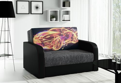 LIKMA Ausziehbar 2 Sitzer Sofa Togo Foto Schwarz + Schwarz Kunstleder 135x90x100 cm Schlaffunktion Bettzeugbehälter Kissen Sofa mit Bettfunktion (110x188 cm) Schlafsofa