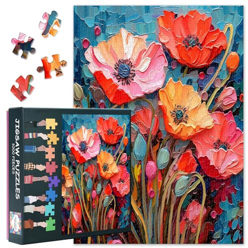 1000 Teile Puzzle Abstrakte Mohnblumen in Pastelltönen, Premium Papierpuzzle Botanische Kunst für Erwachsene, XXL Blumenmotiv Dekoratives Wandbild mit Malerischer Textur, Motivgröße 27.5x19.7 Inch