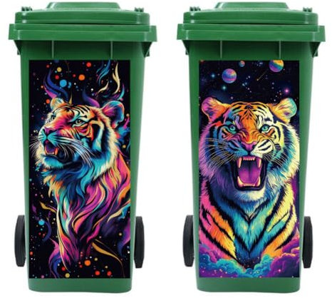 Peacoblue 2 Stück Mülltonnenaufkleber 38x82cm Bunter Tiger Mülltonnen Aufkleber Wetterfest Groß Mülltonnen Sticker Draußen Für Auffahrt, Garten, Wand, Außen-und Innendekoration