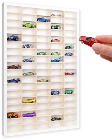 Creative Deco Weiß Setzkasten Holz Sammlervitrine für Autos - 90 verstellbare Fächer | Vertikales Wandregal für Miniaturen | Schaukasten Vitrine Hängend Sammelbox Sammelvitrine 80 x 51 x 5,5 cm