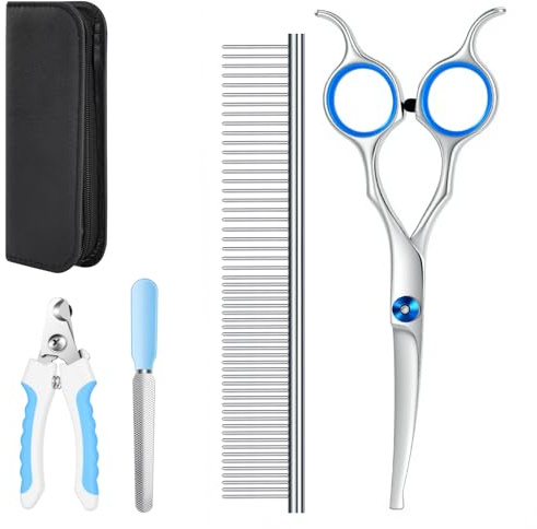 Fellscheren-Set für Hunde, mit abgerundeten Sicherheitsspitzen, 4 Stück, für Haustiere, Hunde, Katzen, professionelle Fellpflegeschere, Haarschneideschere mit Stahlkamm und Lederbeutel für Hunde