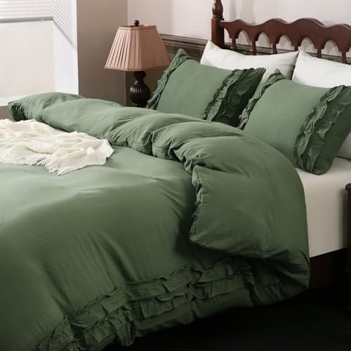 Herside Olive Green Duvet Cover Set Double Size 2 Layers Ruffled Design Farmhouse Boho Bedding Cover All Season Microfibre Bedding Set for Adult Men Girls