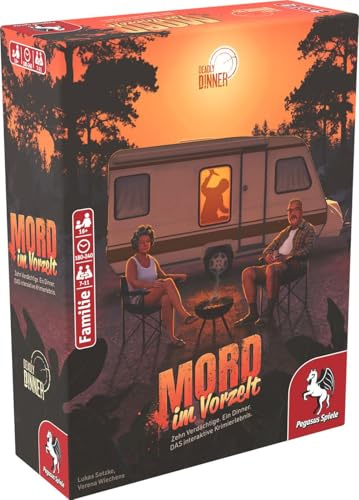 Pegasus Spiele - Deadly Dinner – Mord im Vorzelt - Krimi Dinner für Zuhause - 7 bis 11 Spieler - Krimispiele für Erwachsene - Krimidinner Spiel, Camping Krimi, Blau