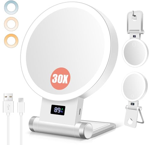 B Beauty Planet Miroir Maquilleur Lumineux 30X/1X, Support surélevé, Indicateur de Batterie, Double Face, 2000mAh, 3 Lumières Réglables, Pose Table/Mur, Pliable et Portable