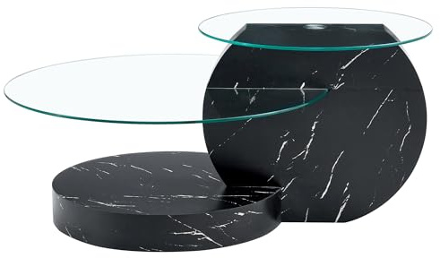 FurnitureR Couchtisch 90 x 70 x 44 cm, Schwarz mit Weiß, asymmetrischer Design Couchtisch mit 2 Glasplatten und offenem Ablagefach, aus MDF, für Wohnzimmer, Sofa, Lounge und Apartment