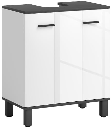 HOMCOM Meuble sous évier de Bain pour lavabo 60x34x70cm Blanc Brillant | Meuble sous évier moderne, étagère réglable, avec ou sans piédestal