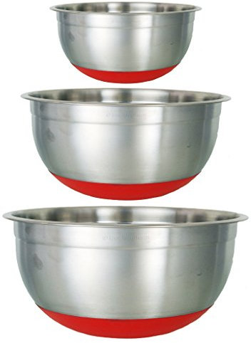Buckingham Designer Set of 3 Stainless Steel Salad Mixing Bowls Silicon Base, Silver Red