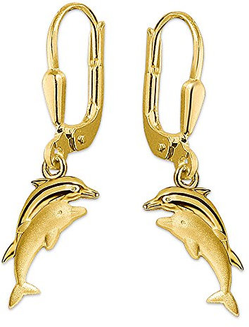 CLEVER SCHMUCK Goldene Damen Ohrhänger 25 mm mit springenden Delfinpaar 11 mm als Pärchen seidenmatt und glänzend 333 Gold 8 Karat im Schmucketui
