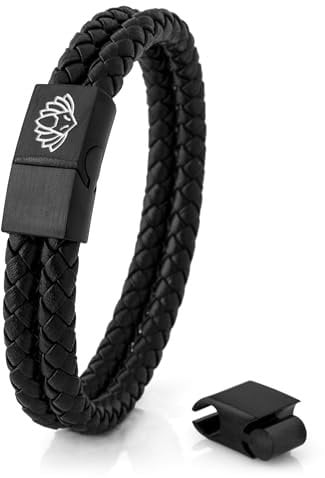 Akitsune Simplicitas Lederarmband | Magnetisch Premium Armschmuck Frauen Herren Geflochten Männer Handgefertigt Armband - Mattschwarz 18cm