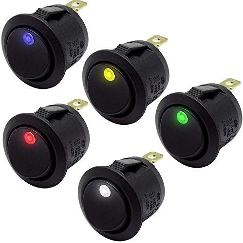 mmtrade | 5x Kippschalter beleuchtet rund 12V/10A (je 1x weiß, blau, rot, gelb, grün) | ON-OFF Stellung, einrastbare mit Selbsthemmung runde Schalter Wippschalter