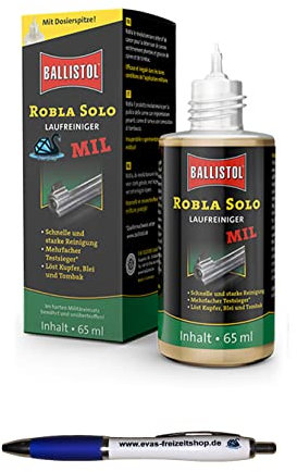 SKUURTFR Eva Shop® Ballistol Premium Laufreiniger Robla Solo Mil 65 ml Waffenreinigung und Waffenpflege für Gewehre, Pistolen und Revolver inkl. Logo-Aufkleber und Kugelschreiber