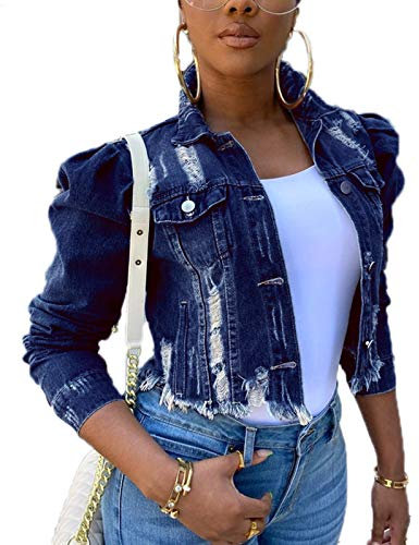 keephen Women Basic Denim Jacket Puff Sleeve Vintage Wash Faded Ripped Button Down Lapel Cropped Jean Jacket Dark Blue