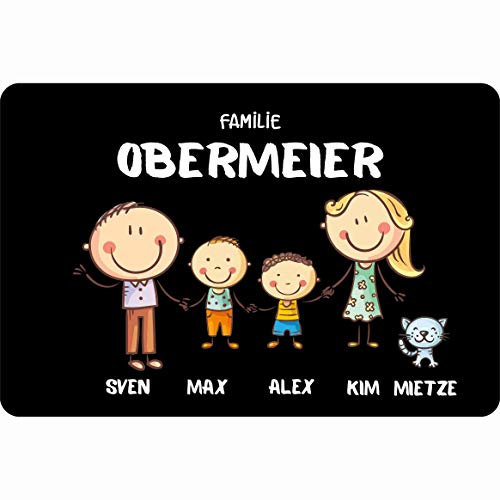 Fußmatte personalisiert Familie mit Vornamen & Familien - Namen BUNT Geschenk Hund Katze Umzug Comic Strichmännchen aussen innen lustig