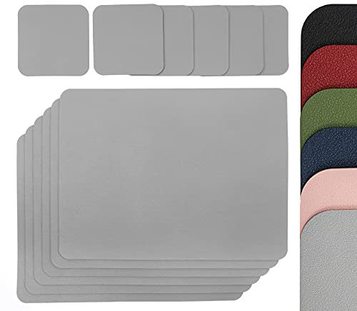 Set mit 6 Kunstleder-Tischsets 24 x 32 cm und 6 Getränkeuntersetzer 10 x 10 cm – doppelseitig, maschinenwaschbar, Knitter- und schmutzabweisend (grau)
