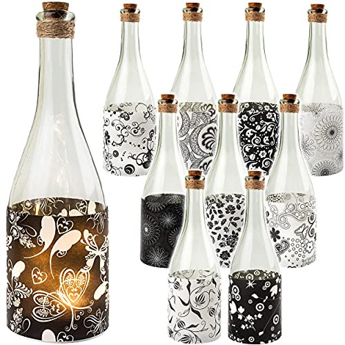 alles-meine.de GmbH Glas - Lichterflasche Motiv frei wählbar 6 Stück LED Blumen & Retro Muster - schwarz & weiß Timer Funkiton - LICHT Dekoflasche/Flasche - 28 cm - Bat..