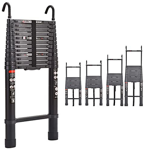 6.2M Telescopic Ladder with 2 Detachable Hooks, 20.34 feet Black Aluminum Multi-Purpose Extension Straight Ladder, Adjustable Height, with Anti-Slip Feet, 330lbs Load Capacity, EN131 Standard